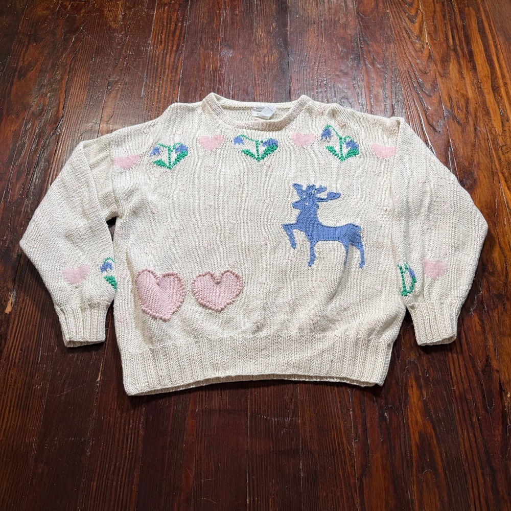 Vintage Susann D Sweater Women M Cream Hand Knitted Reindeer Heart Floral Ramie